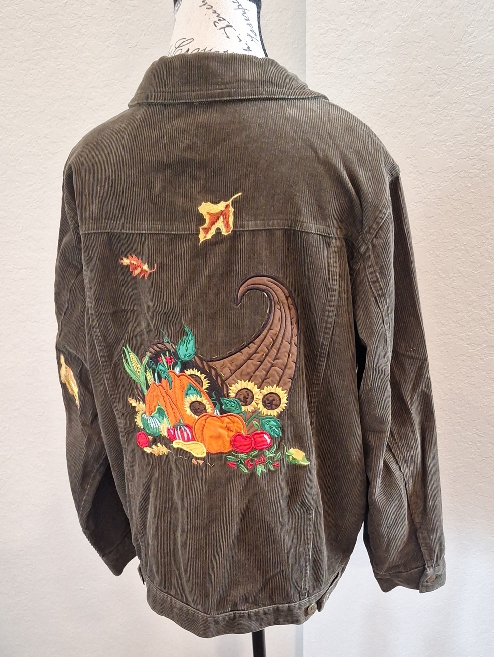 Vintage Halloween Thanksgiving Pumpkin Patchwork Corduroy Jacket Olive Green L